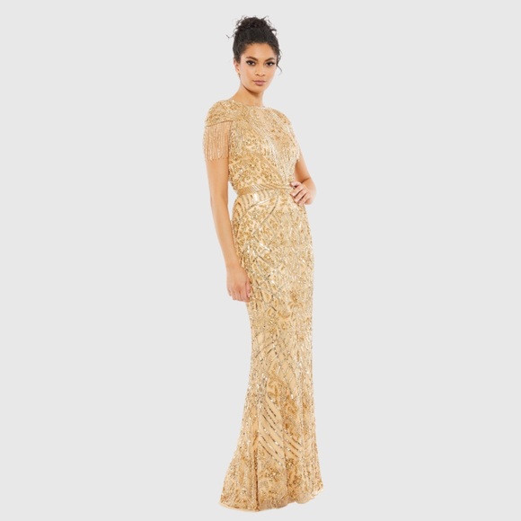 NWT Mac Duggal Women's Gold Embellished Fringe Cap Sleeve Trumpet Gown Size 6 - Picture 2 of 8